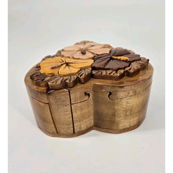 Wooden Carved Heart Hibiscus Floral Flower Puzzle Trinket Jewelry Box - Picture 5 of 16